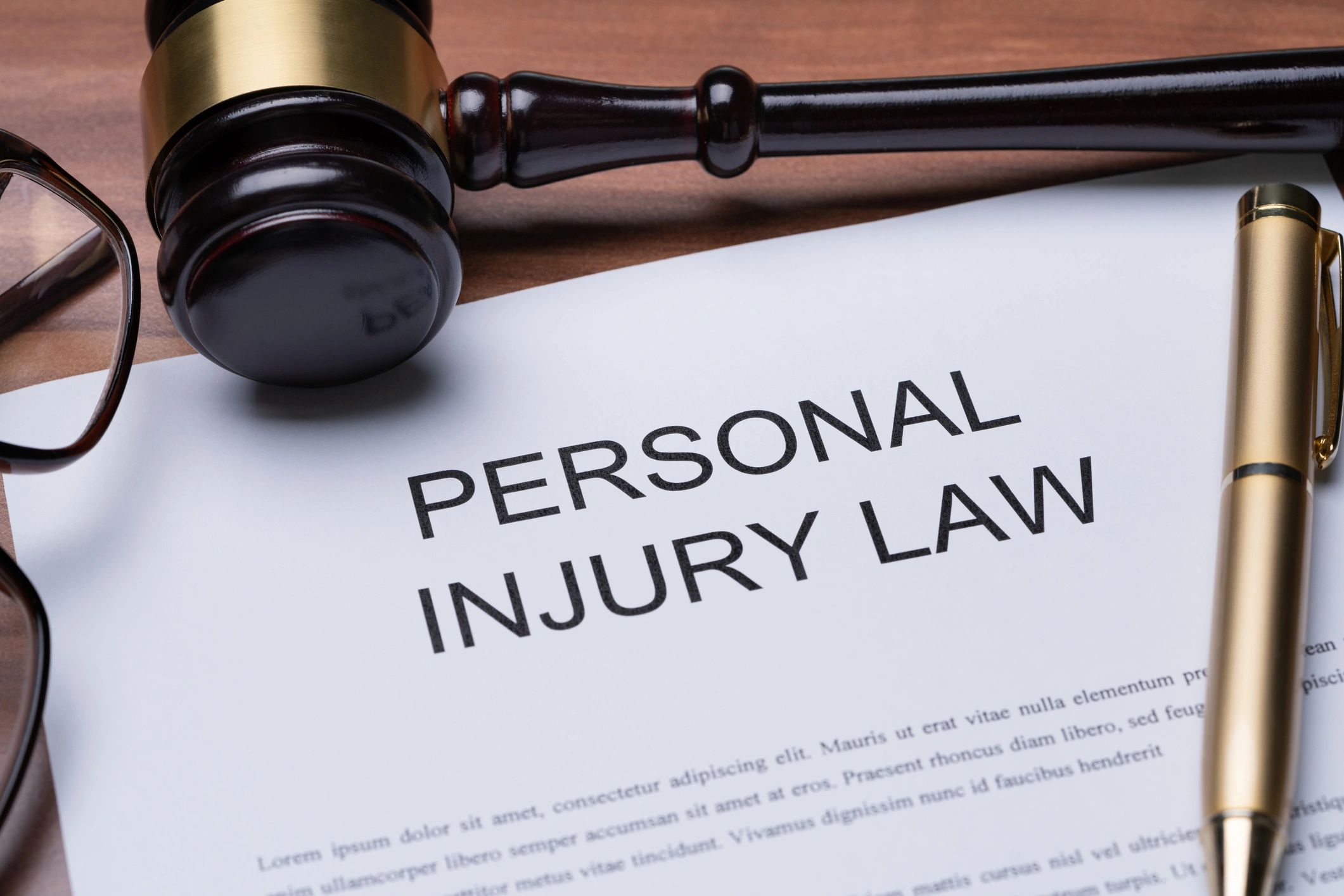 Personal injury law paperwork with gavel and glasses